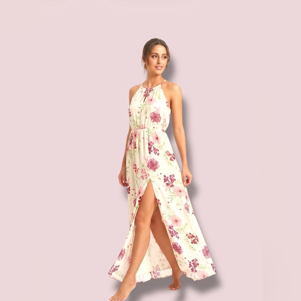 New Look Cream Maxi Dress with Pink Floral Print